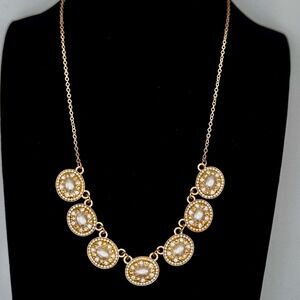 Gold Tone Faux Pearl Crystal Oval Statement Necklace Womens‎ Fashion Jewelry
